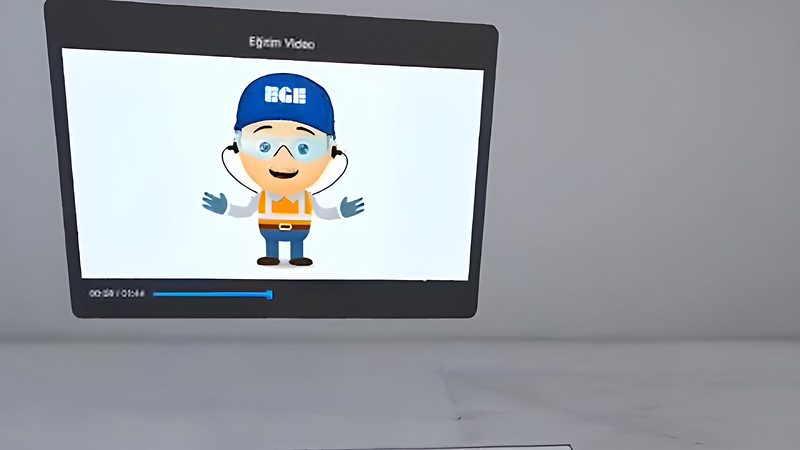 Egepen Deceuninck için geliştirilen VR simülasyonundaki eğitim odasında, EGE maskotunun anlattığı eğitim videosu.