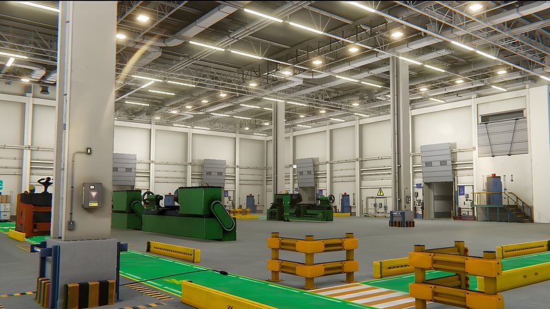 From the Risk Awareness game: a factory scene marked with pedestrian walkways and protective barriers.
