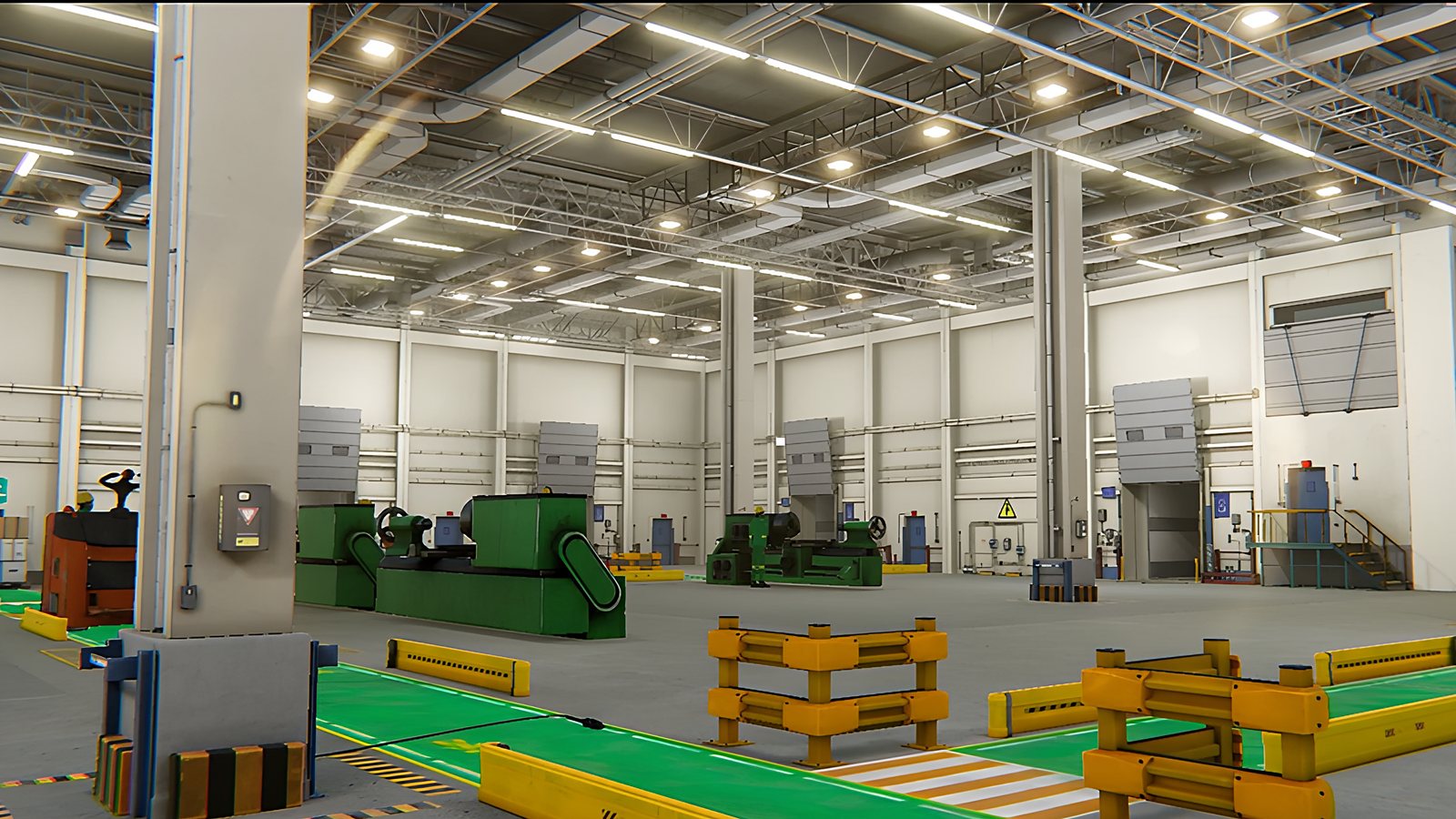 From the Risk Awareness game: a factory scene marked with pedestrian walkways and protective barriers.