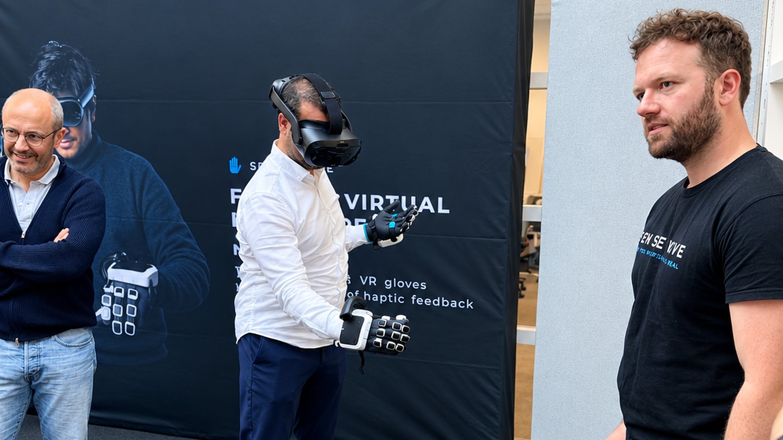 A participant trying a simulation with a haptic glove and a VR headset at SenseGlove’s headquarters in Rotterdam.